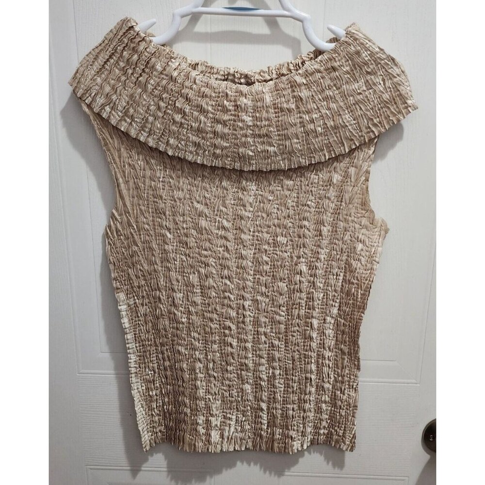 Vintage 90s CACHE Micro Pleat Tank Stretch Golden Tan Satin Minimal Crinkled O/S
